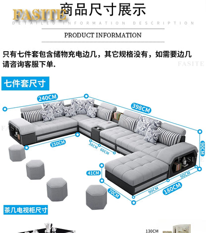 Fabric Sofa Set Furniture Living Room with USB and Stools / Big U Shape Cloth Couch for Home Furniture