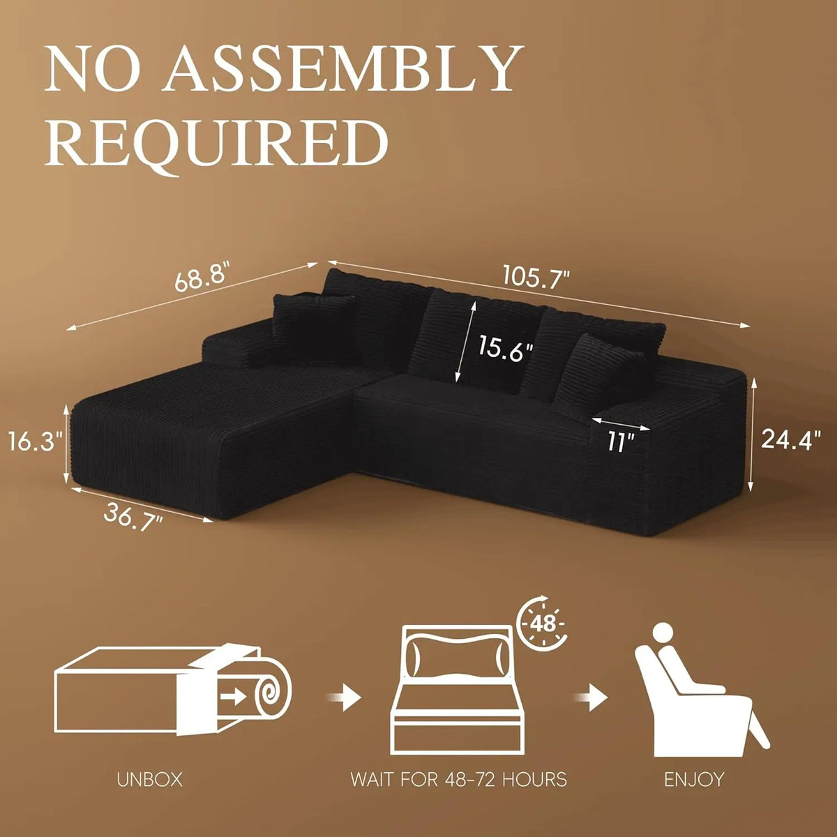 Modern 105'' L-Shape Sectional Couch Convertible 3-Seater Cloud Sofa Deep Seat Comfortable Modular Customized Furniture