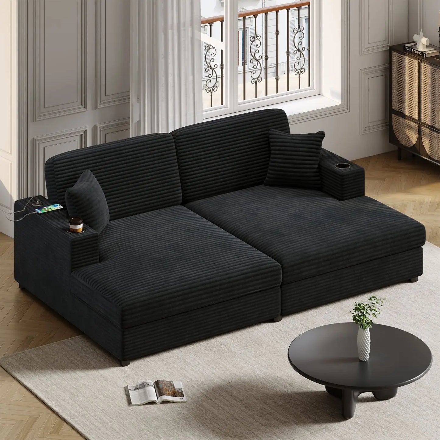 86.5\" Oversized Loveseat Corduroy Chaise Lounge Sectional Sleeper Sofa Two USB Ports Two Cup Holders Two Throw Pillows Black