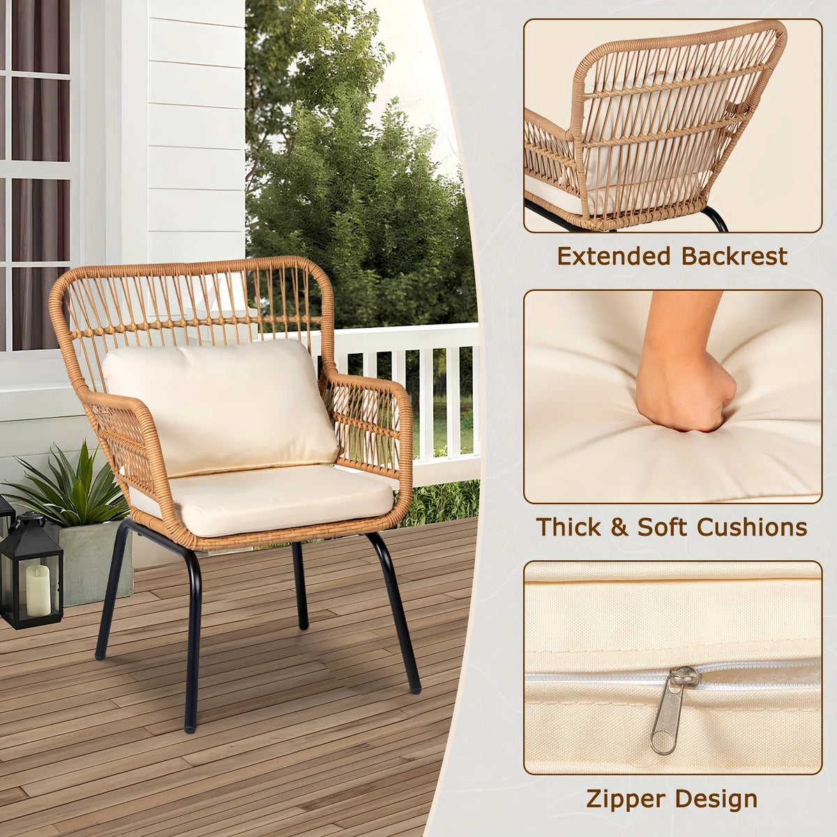 Boho-Inspired 3-Piece Outdoor Patio Set: Wicker Conversation Chairs with Beige Cushions + Round Tempered Glass Side Table — Lightweight, Weather-Resistant Design for Garden, Balcony, Deck or Porch Use