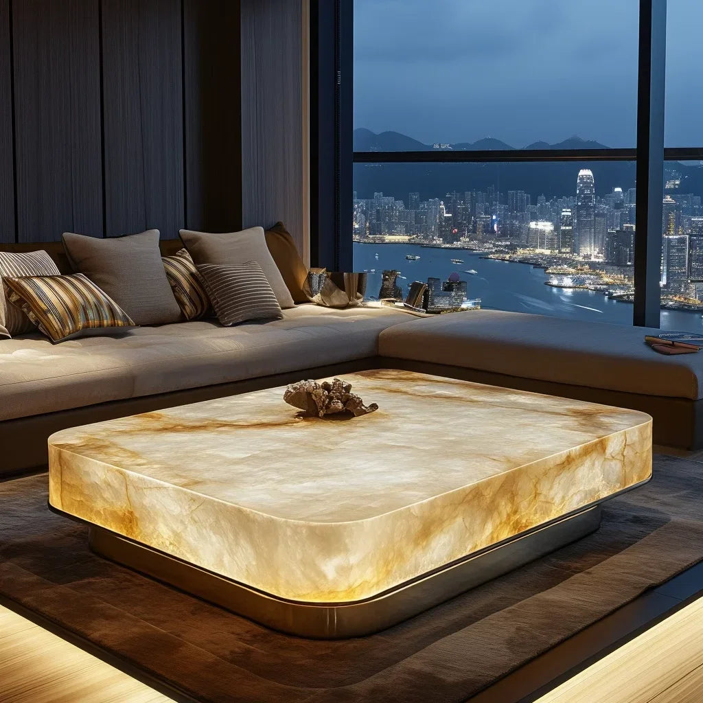Jade square luminous coffee table premium villa living room modern minimalist marble Venice light luxury stone