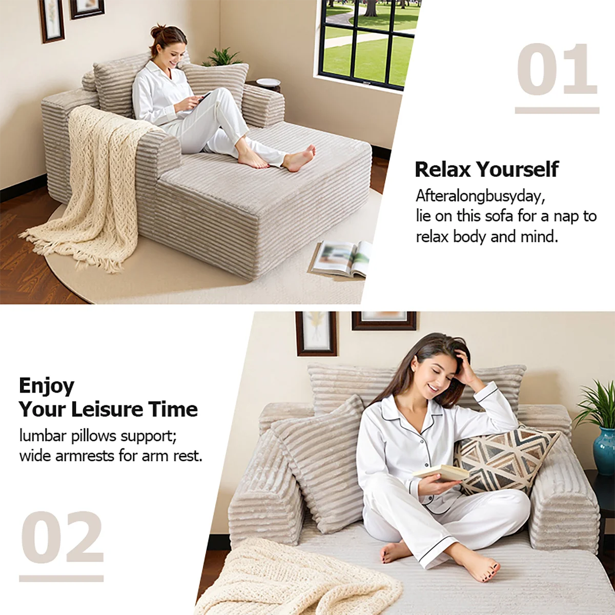 Single Corduroy Sofa Bed, Deep Seat, No Assembly, Includes 3 Pillows