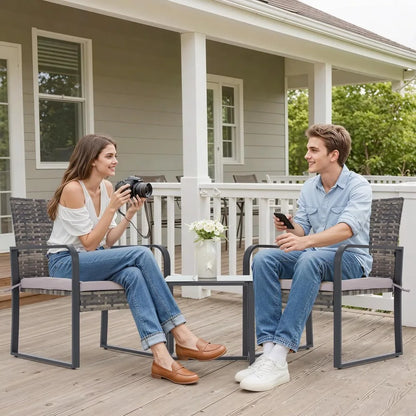 3-Piece Outdoor Patio Furniture Set: Modern Wicker Bistro Set with Rattan Chairs and Glass Coffee Table