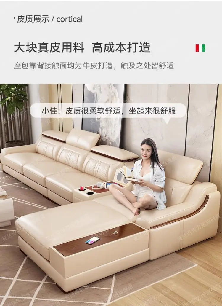 custom. [Official Genuine] Fulansige Leather Sofa Light Luxury Solid Wood Simple Small Yellow Cowhide Corner Small Apartment Cha