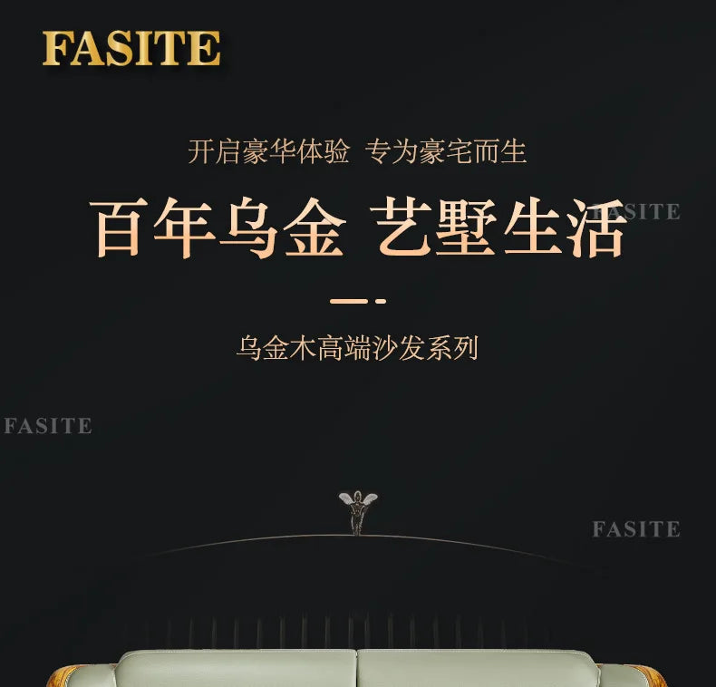 European ebony leather sofa large apartment luxury villa home living room new Chinese furniture solid wood carved fish