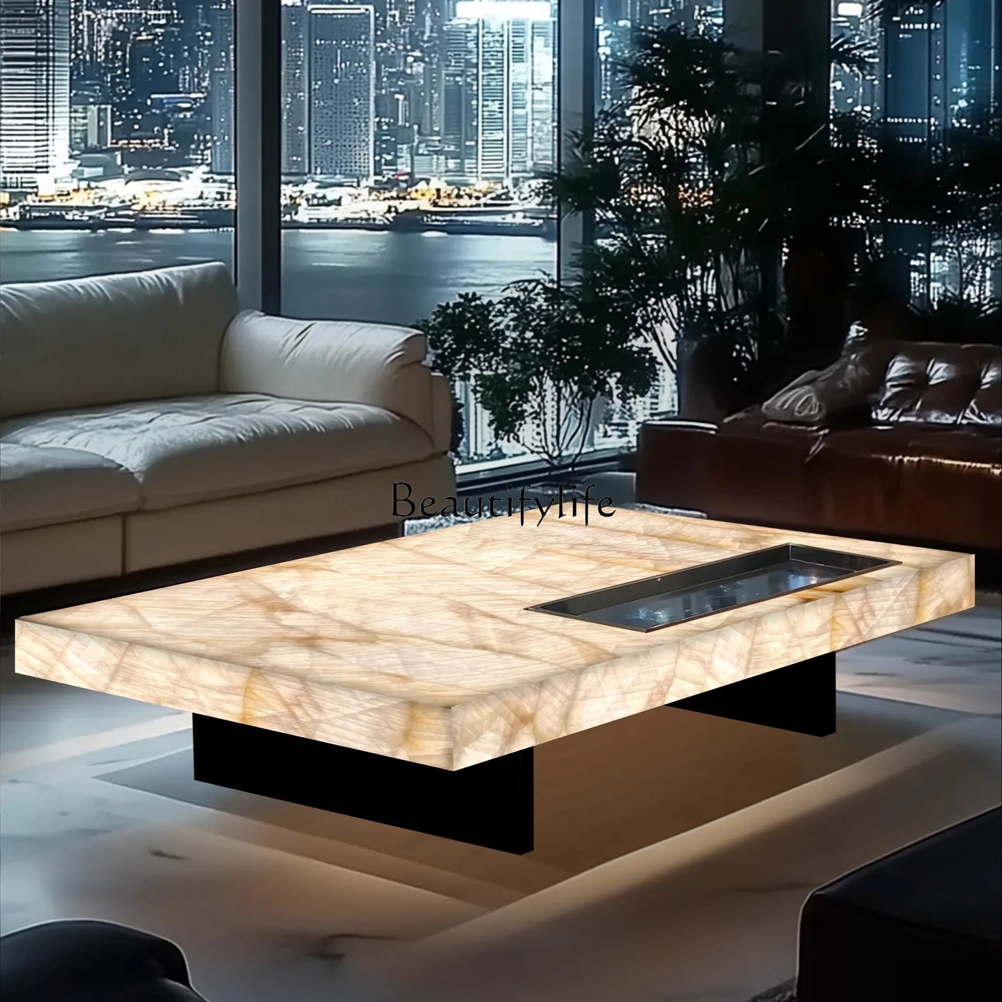 **Rectangle living room coffee table luminous jade luxury stone villa marble natural high-grade light luxury minimalist mansion