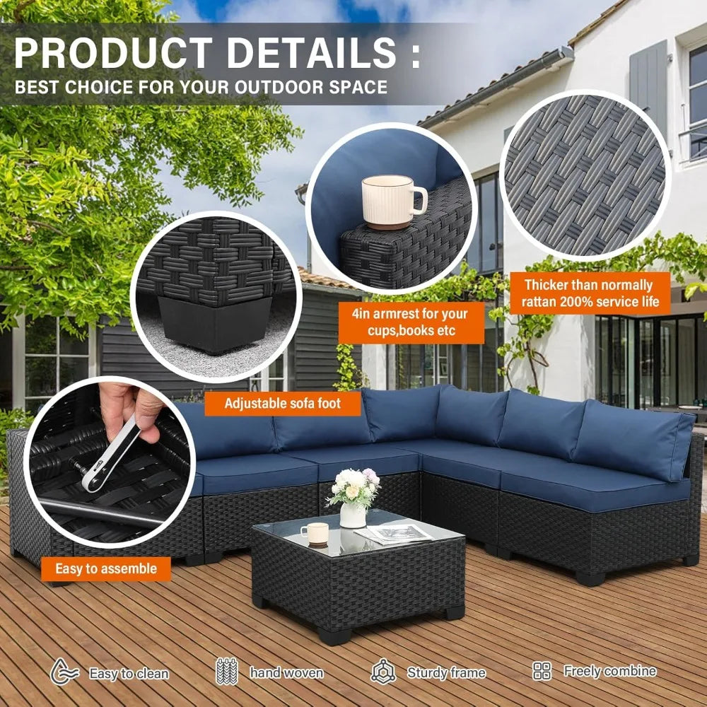 black rattan outdoor 7-piece wicker furniture set with navy blue washable cushions for patio sectional sofa