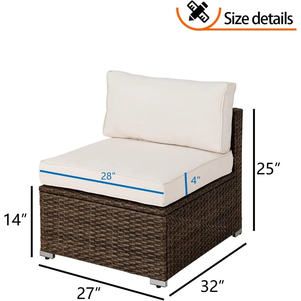 Outdoor Patio Furniture Wicker Armless Chair w Beige Cushion for Garden, Pool, Backyard