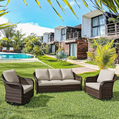 3 Pieces Patio Conversation Set, 78" Wicker 2-Seat Couch with Washable Cushions, Wicker 360 Degree Swivel Glider Rocker Chairs,