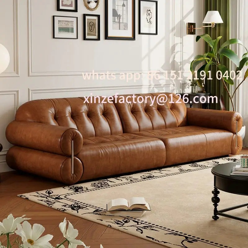 Customizable  leather sofa small apartment living room home apartment medium antique style old brown straight row French sofa