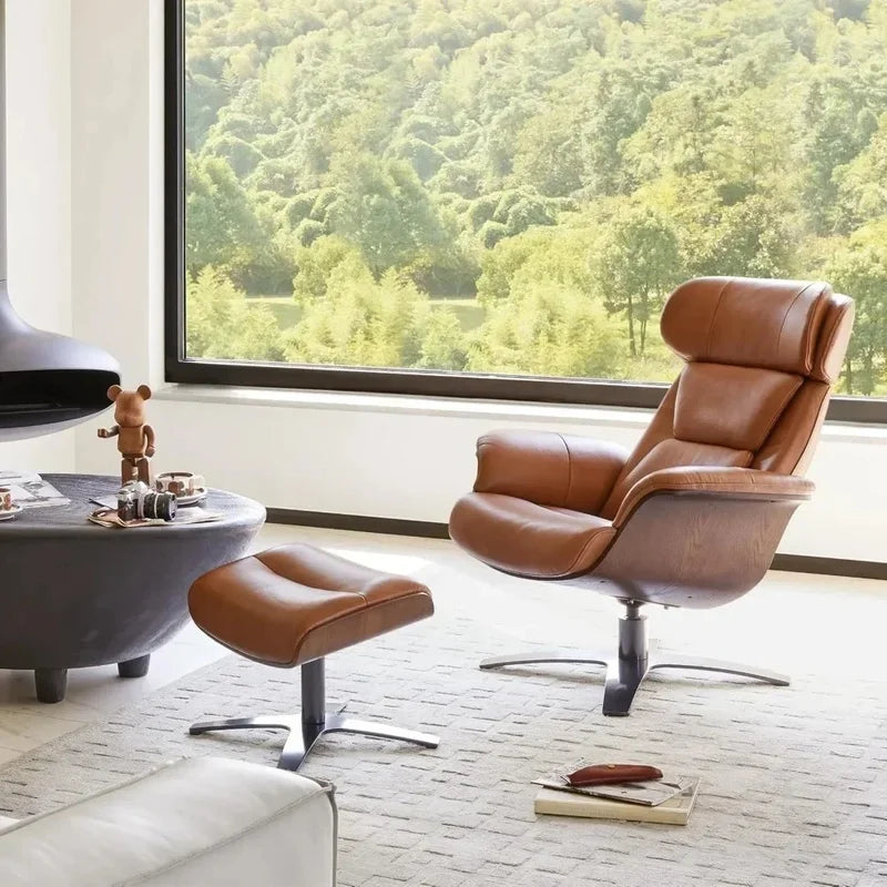 Leather Reclining Swivel Chair with Adjustable Headrest and Ottoman for Living Room, Saddle Color, Arm Rest, Cushion Included