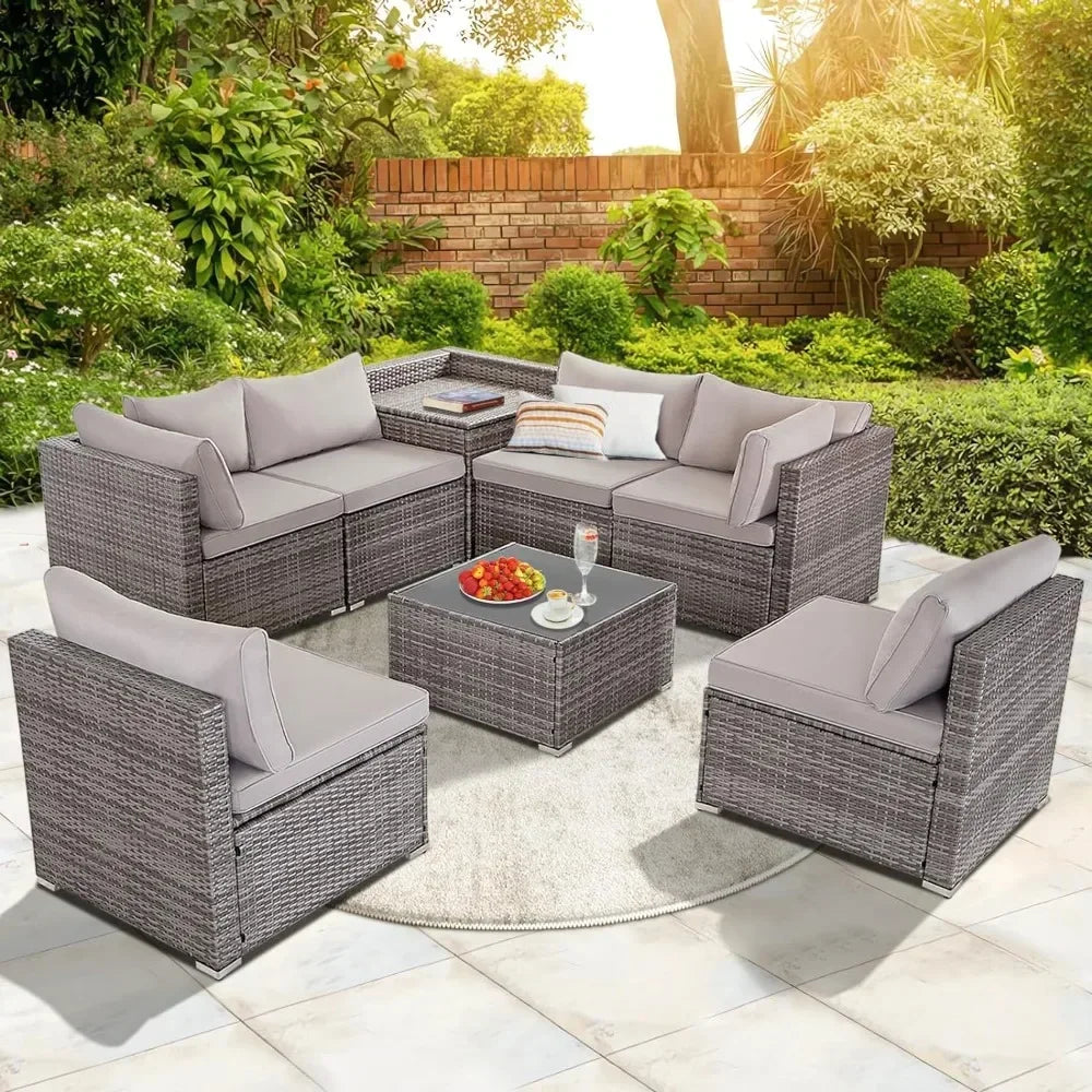 A 8 Pieces Patio Furniture Set Wicker Outdoor Conversation Set Rattan Sectional Sofa Set w/Storage Box & Glass Coffee Table