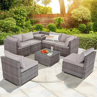 A 8 Pieces Patio Furniture Set Wicker Outdoor Conversation Set Rattan Sectional Sofa Set w/Storage Box & Glass Coffee Table