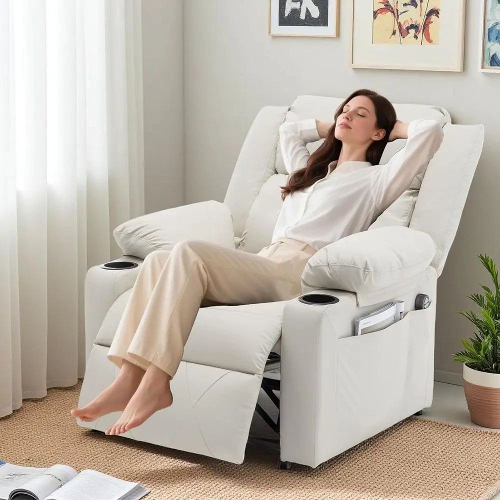 Beige Leatherette Recliner with Vibration Massage, Heat and Side Table for Living Room or Home Theater