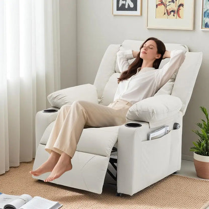 Beige Leatherette Recliner with Vibration Massage, Heat and Side Table for Living Room or Home Theater