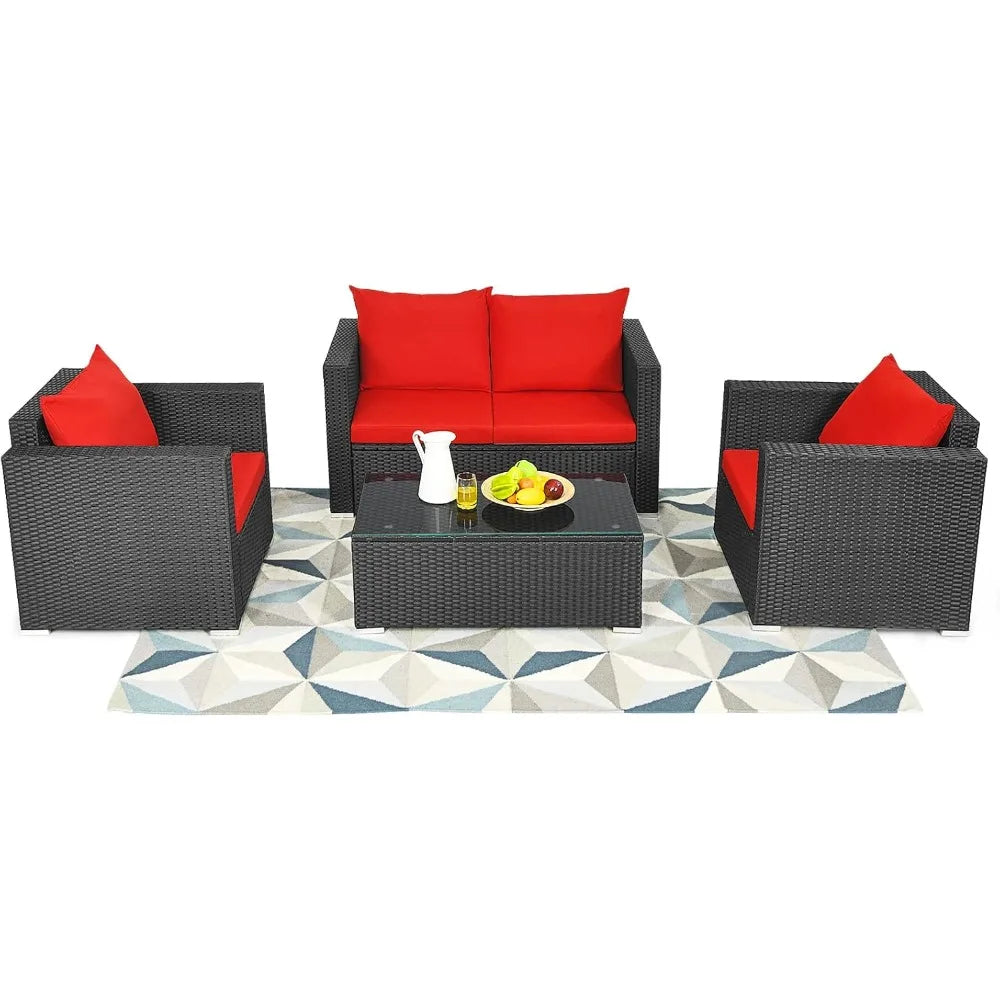 4 Piece Patio Rattan Conversation Furniture Set, Outdoor Wicker Sofa Set with Padded Cushion & Tempered Glass Coffee Table, Wic