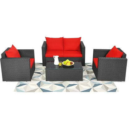 4 Piece Patio Rattan Conversation Furniture Set, Outdoor Wicker Sofa Set with Padded Cushion & Tempered Glass Coffee Table, Wic