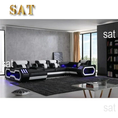 Modern LED Lighted Sofa Set with Recliner, Adjustable Headrest & Console | Luxury Leather Sectional Couch | Futuristic Furniture