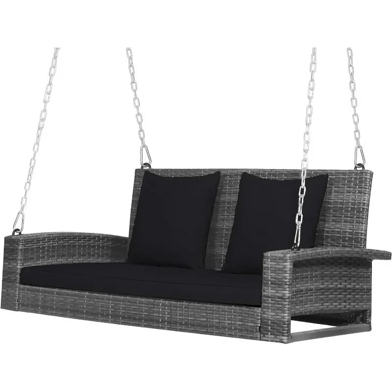 l Hanging Porch Swing, 2-Person Outdoor Wicker Swing Chair Bench With Cushions, Steel Chains For Garden, Backyard, Deck L