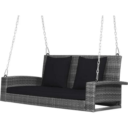 l Hanging Porch Swing, 2-Person Outdoor Wicker Swing Chair Bench With Cushions, Steel Chains For Garden, Backyard, Deck L