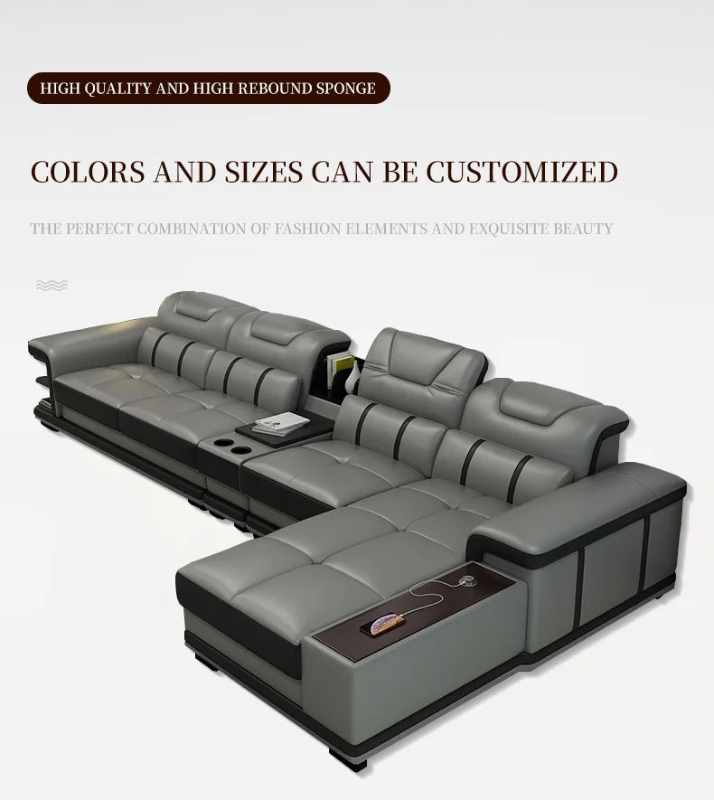 2023 Cheap Living Room Furniture Sofa Partition L-shaped Leather Sofa Set with Custom Material Function Table