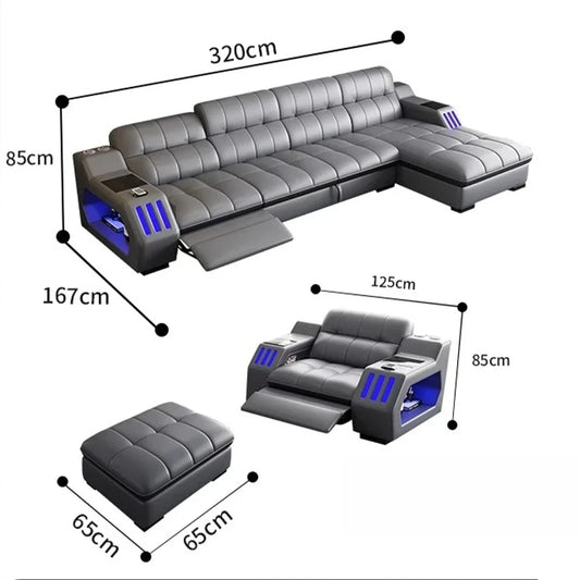 Modern Sectional Sofa Bed with LED Light, Electric Recliner and Massage，Living Room Genuine Leather Couch