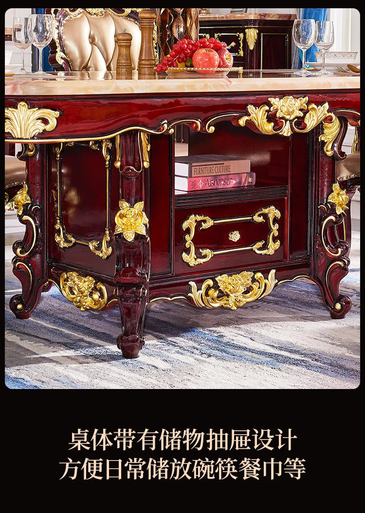 HLZ European Style Solid Wood Dining Table with Marble Top for Home Use, Villa Large Dining Table and Chair Set