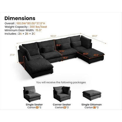 Wide Seat Sectional with Reversible Chaise, Modern Comfy Sleeper Sofa Bed for Living Room, Shaped Couches in Corduroy