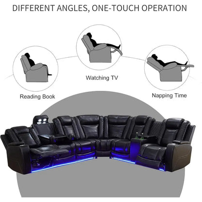 Power Reclining Sectional Soa or Living Room,ern L-Shaped Black Air Leather Sectional Couch Set,Recliner Soa Set,with LED Lights