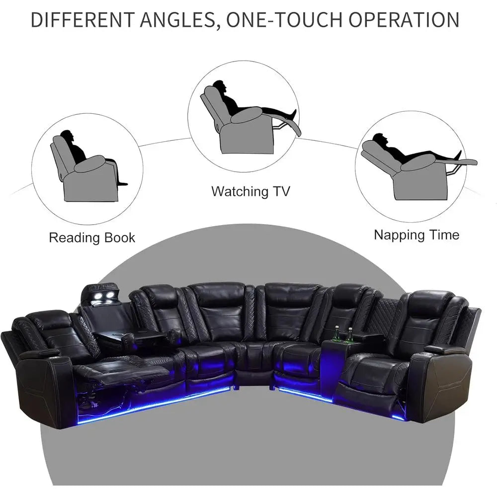 Power Reclining Sectional Soa or Living Room,ern L-Shaped Black Air Leather Sectional Couch Set,Recliner Soa Set,with LED Lights