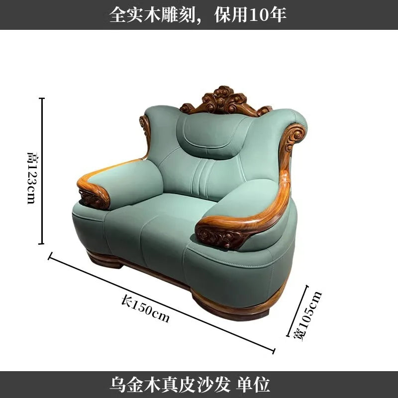 New Chinese-style simple ebony leather sofa luxury villa living room size apartment solid wood furniture corner combination