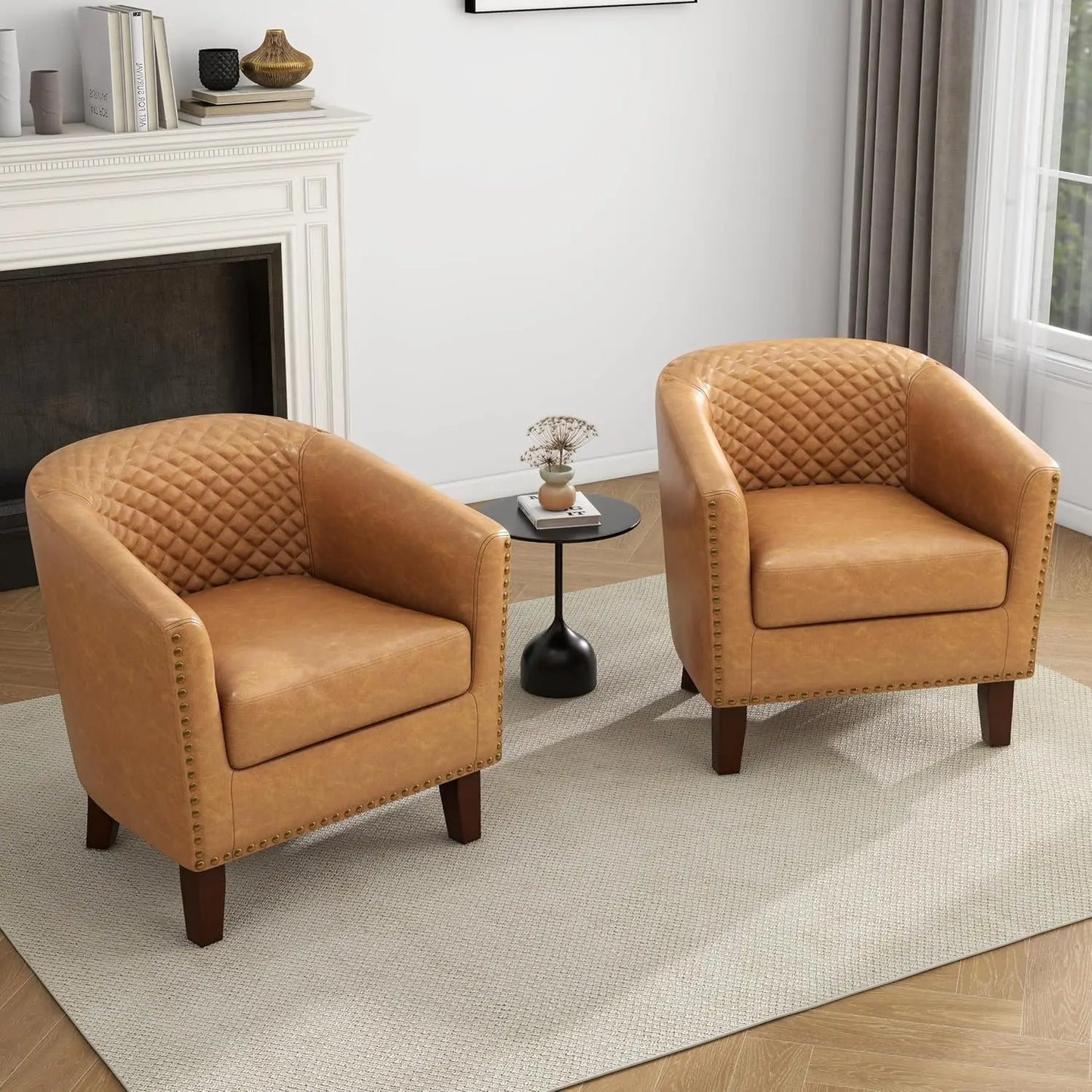 Faux Leather Swivel Barrel Accent Chairs Set of 2, Upholstered Armchair Club Chair for Living Room, Round Comfy Single Sofa Bedr