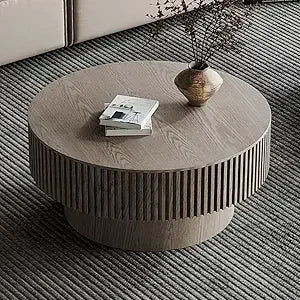 Modern Wooden Round Coffee Table with Storage, Solid Wood Veneer Accent Table for Living Room