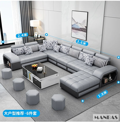 MINGDIBAO Fabric Sofa Set Furniture Living Room Sofa Set with USB and Stools / Big U Shape Cloth Couch Sofas for Home Furniture