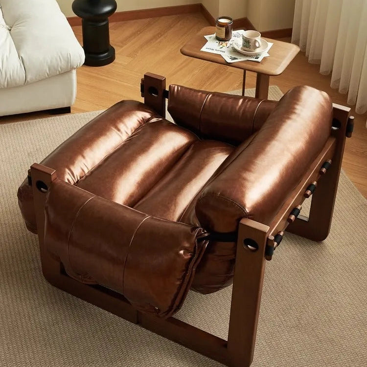 Retro single solid wood sofa chair living room designer casual leather lying down