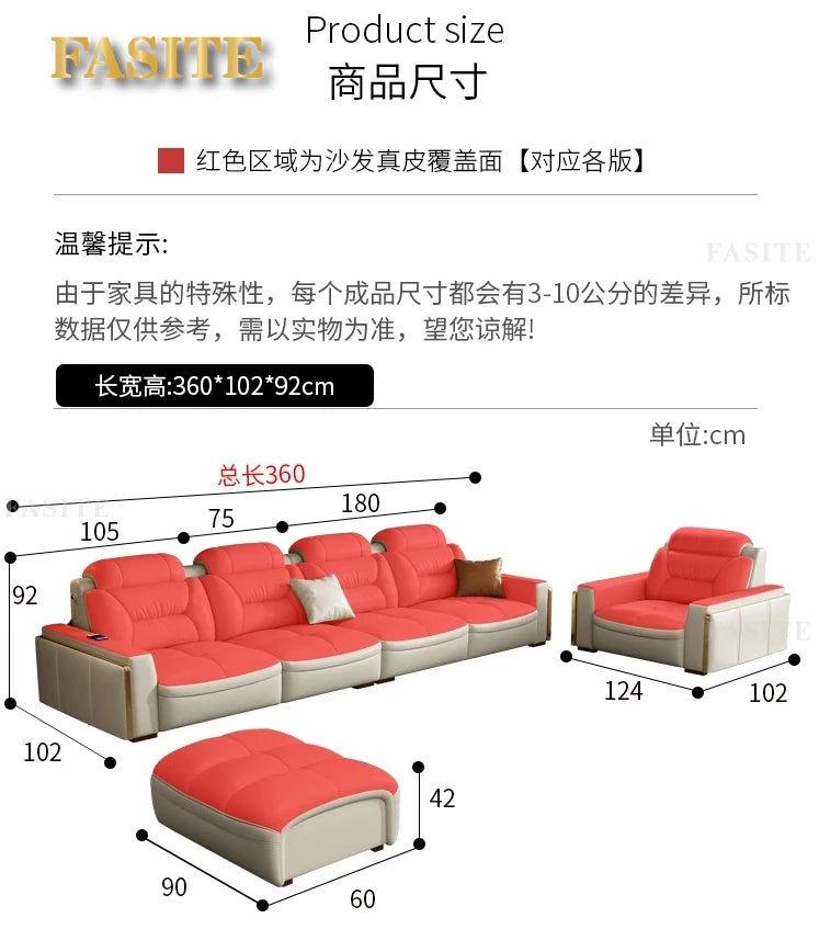 Premium  Italian Genuine Leather Sectional Sofa Sets Couch Sofas with USB and Bluetooth Speaker