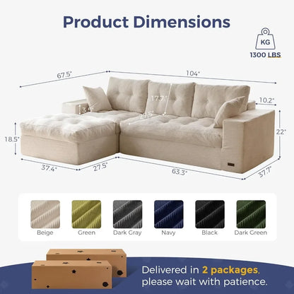 104" L-Shaped Modular Sectional Sofa with Ottoman, Cloud Couch, No Assembly, Beige for Living Room