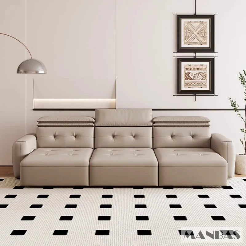 Genuine Leather Electric Convertible Sofa Bed with Adjustable Headrest, Multifunctional Folding Sofa Beds for Cinema Living Room