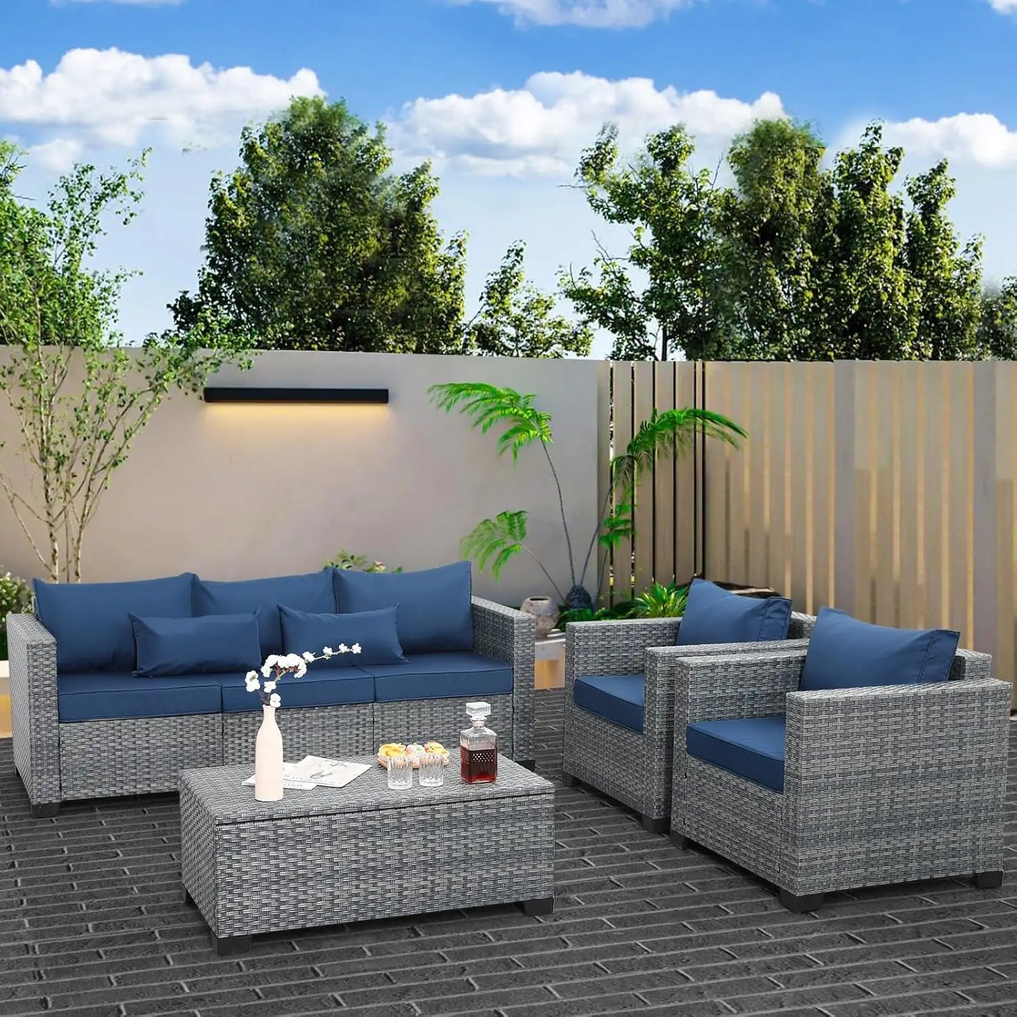 NEW 4 Piece Wicker Patio Furniture Sets Outdoor Conversation Set PE Rattan Sectional Sofa Couch with Storage Table & Royal Blue