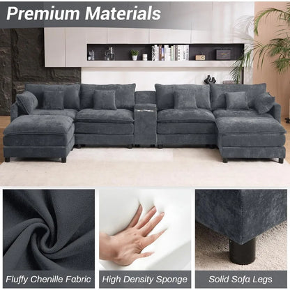 145" Oversized Modular Sectional Sofa U Shaped Cloud Couch 6 Seat Sofa Set for Living Room Comfy Fluffy Chenille Deep Seat