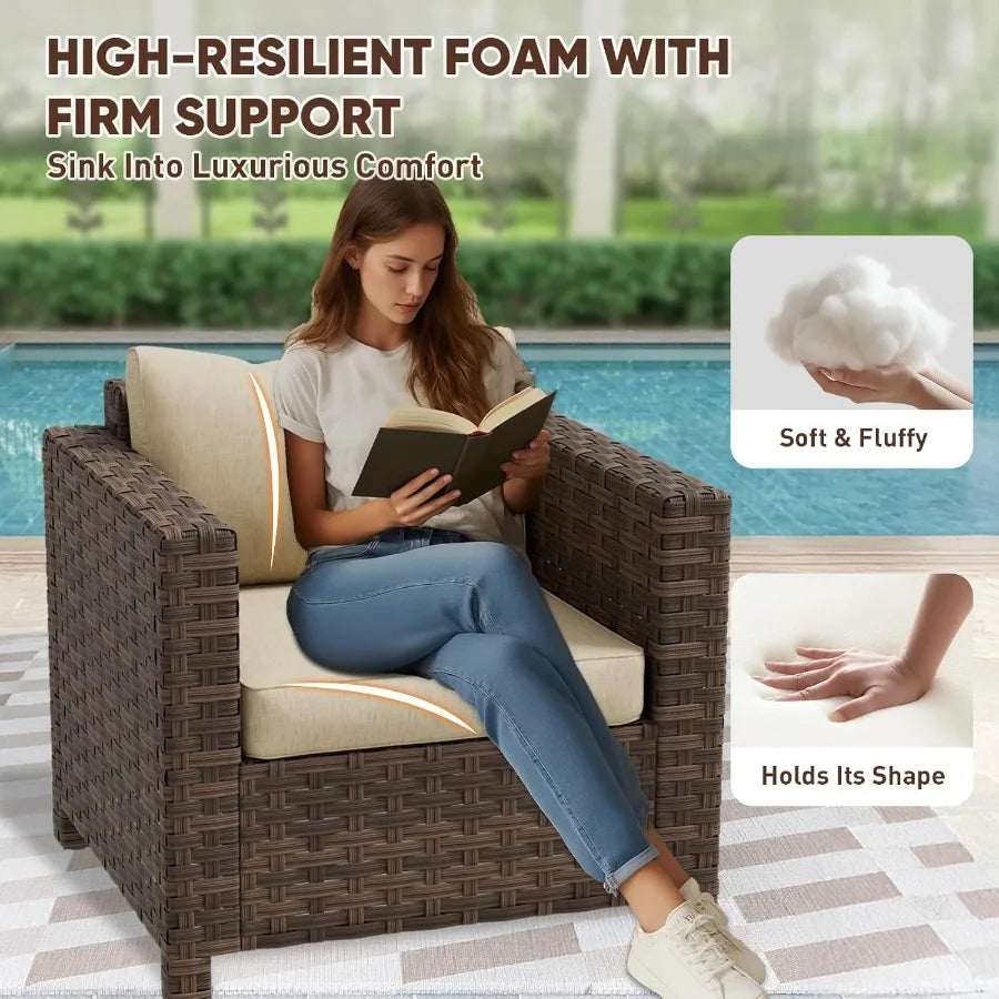 Coastal Haven Wicker Outdoor Chair Rattan Patio Arm Chair Set of 1 for Small Balcony Furniture Backyard Porch Garden Brown Beig