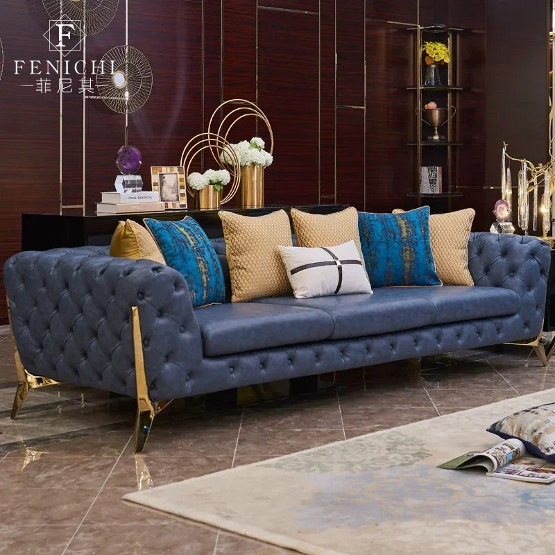 Postmodern light luxury sofa blue leather art 1+2+3 combination living room Italy Hong Kong new classical furniture custom