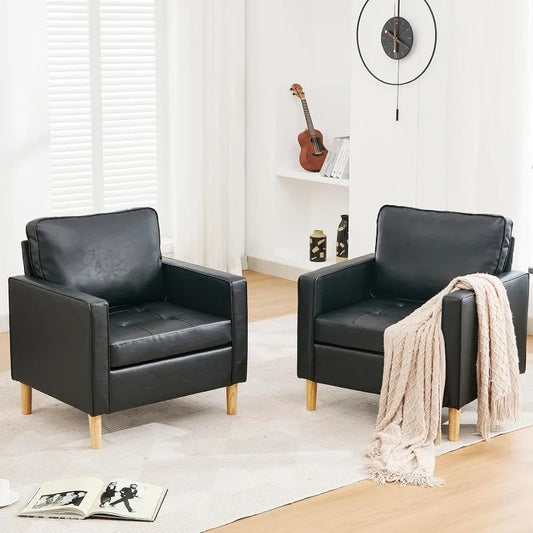 Black Faux Leather Accent Chairs Set of 2 Small Living Room Bedroom Chairs, Comfy Reading Chair Single Sofa for Adults,