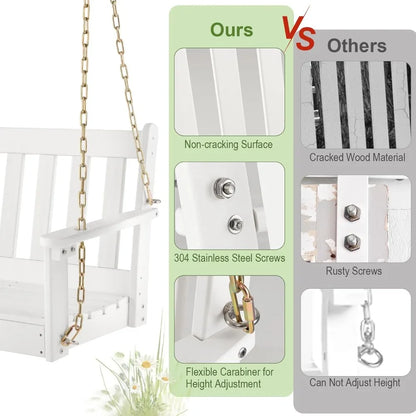 2 Person Hanging Porch Swing, Outdoor Bench Swing with Adjustable Chains, Hidden Cup Holder, HDPE Tree Swing Chair