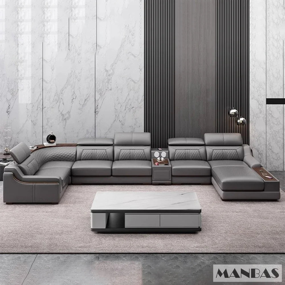 Modern Italian Genuine Leather Sofa for Living Room with Cup Holder, USB, Adjustable Headrests & Bluetooth Speaker - Linlamlim