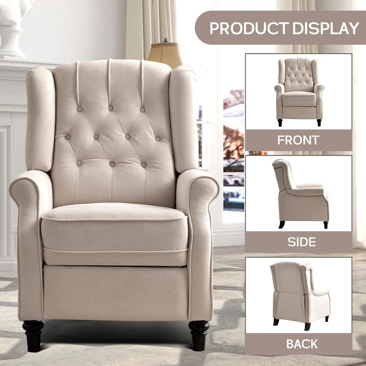 EBELLO Push Back Recliner Chair Fabric Lounge Armchair Pushback Recliner with Padded Seat for Living Room