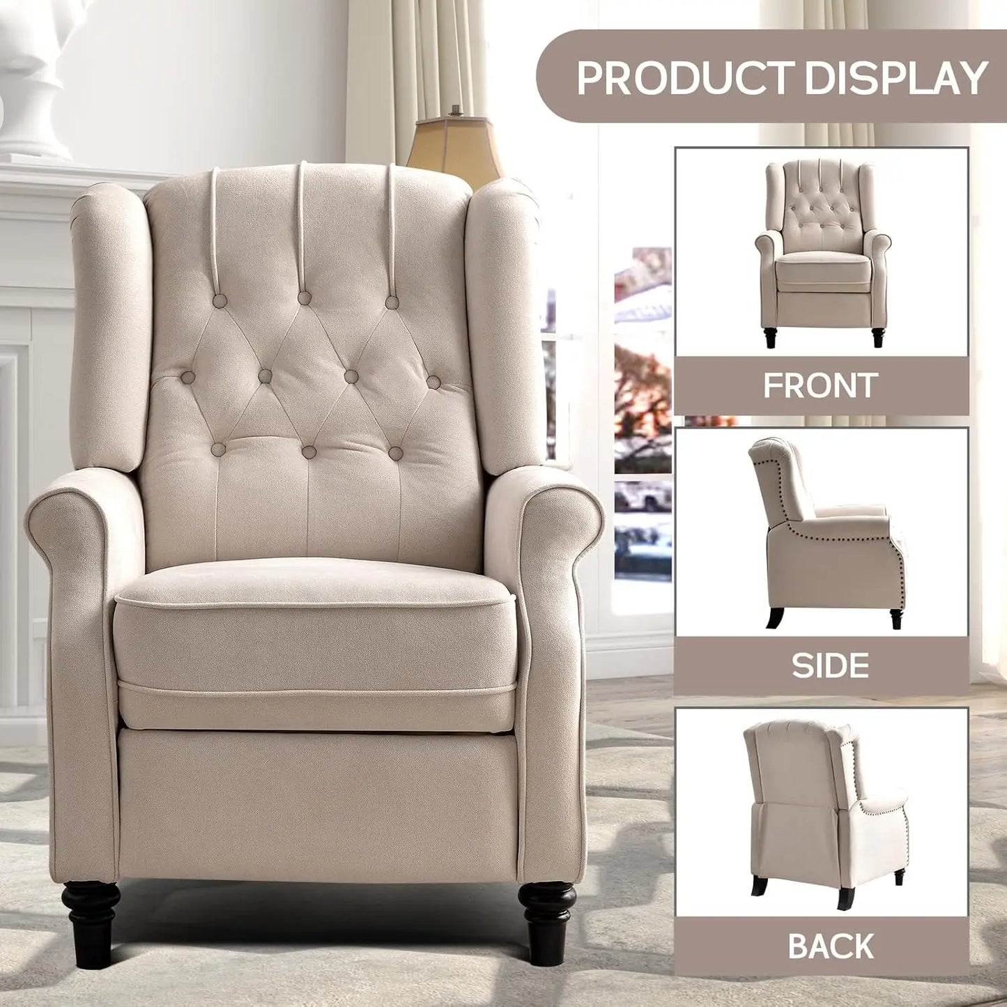 EBELLO Push Back Recliner Chair Fabric Lounge Armchair Pushback Recliner with Padded Seat for Living Room