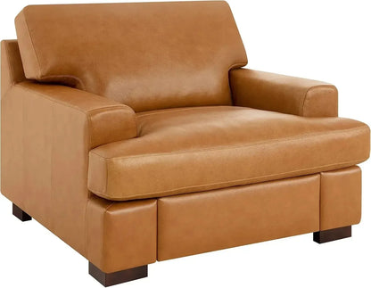 Genuine Leather Sofa - Luxurious Comfort, Goose Feather Cushion Filling, Square Arm Design, Sturdy Block Legs,