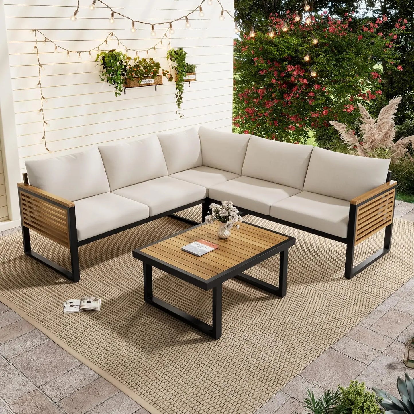 Modern L-Shaped Outdoor Conservation Sofa Set with Coffee Table, Acacia Wood Patio Sectional Sofa for Gardens,, Customized