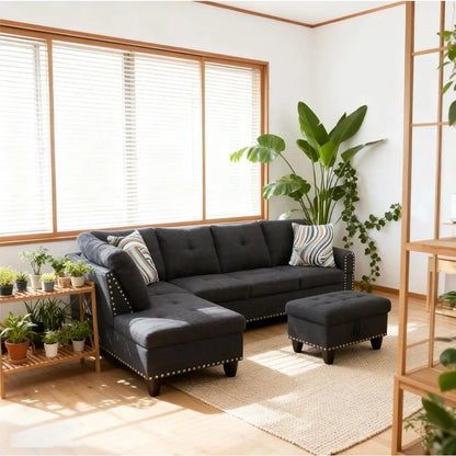 98'' Sectional Couches or Living Room, Linen abric L-Shaped Couch with Cup Holders and Storage Ottoman, 3 Pieces Living Room Soa